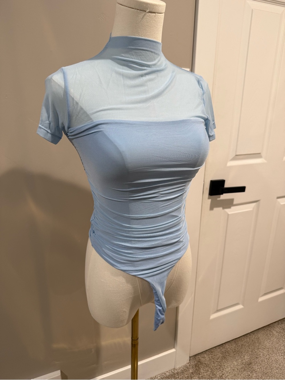 Light Blue Sheer Mock Neck Short-Sleeve Bodysuit